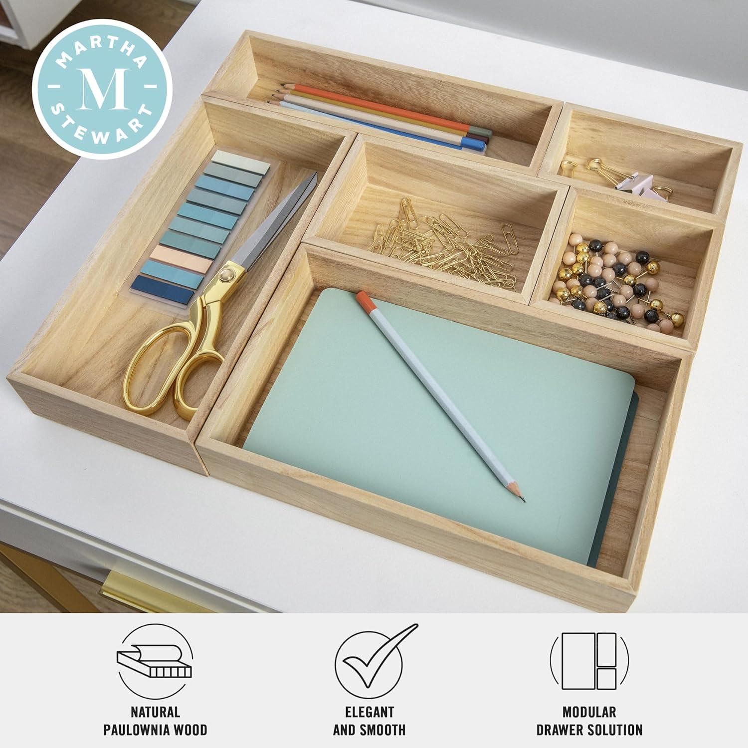 imageMartha Stewart Weston Wooden Desktop Organizer with Open Lower Storage Compartment Paulownia Wood Multipurpose Storage Caddy Light NaturalWhite