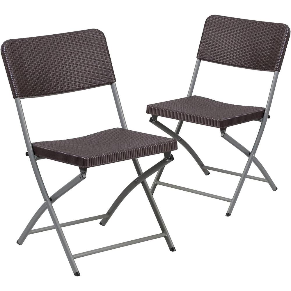 imageFlash Furniture 2 Pack HERCULES Series Brown Rattan Plastic Folding Chair with Gray FrameSet of 2