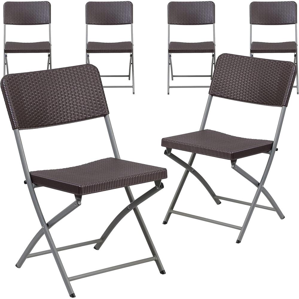 imageFlash Furniture 2 Pack HERCULES Series Brown Rattan Plastic Folding Chair with Gray FrameSet of 6