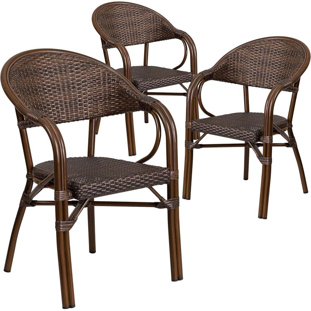 imageFlash Furniture 3 Pack Milano Series Bark Brown Rattan Restaurant Patio Chair with BambooAluminum FrameBark Brown RattanBambooaluminum Frame