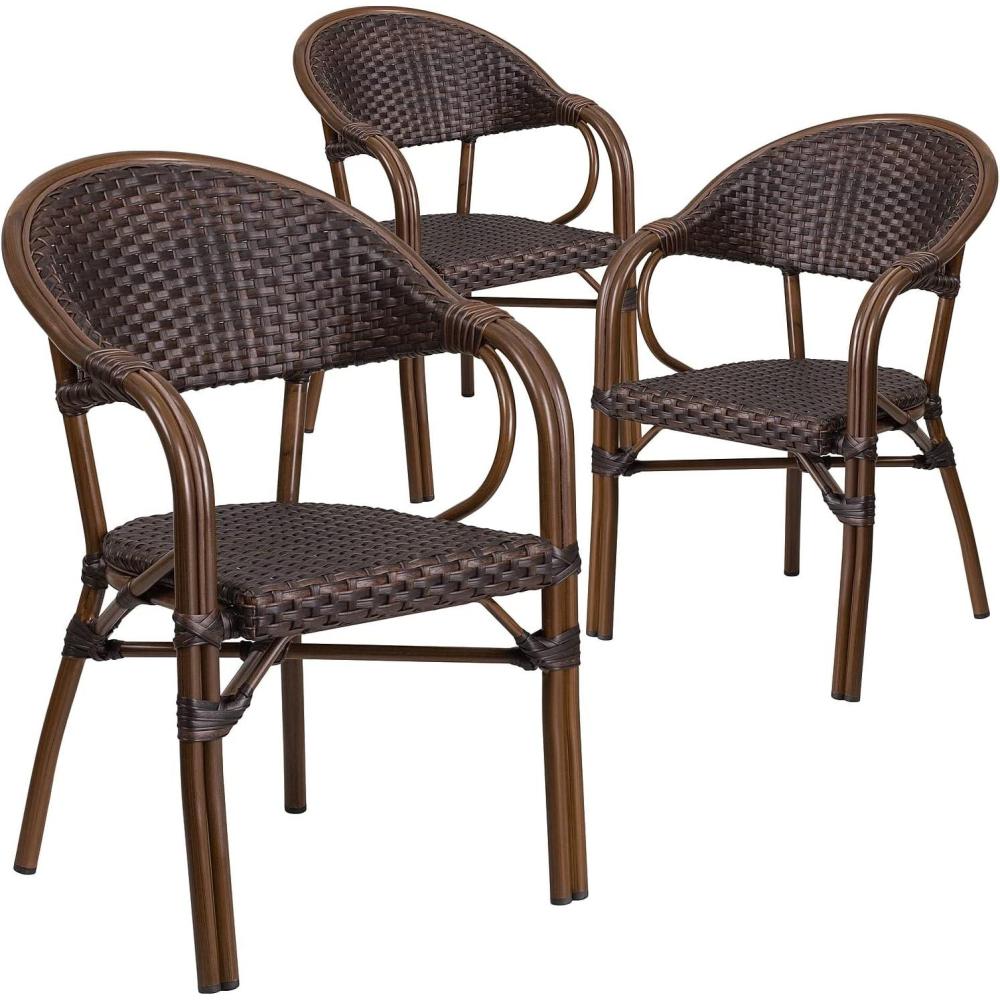 imageFlash Furniture 3 Pack Milano Series Bark Brown Rattan Restaurant Patio Chair with BambooAluminum FrameBark Brown RattanRed Bambooaluminum Frame