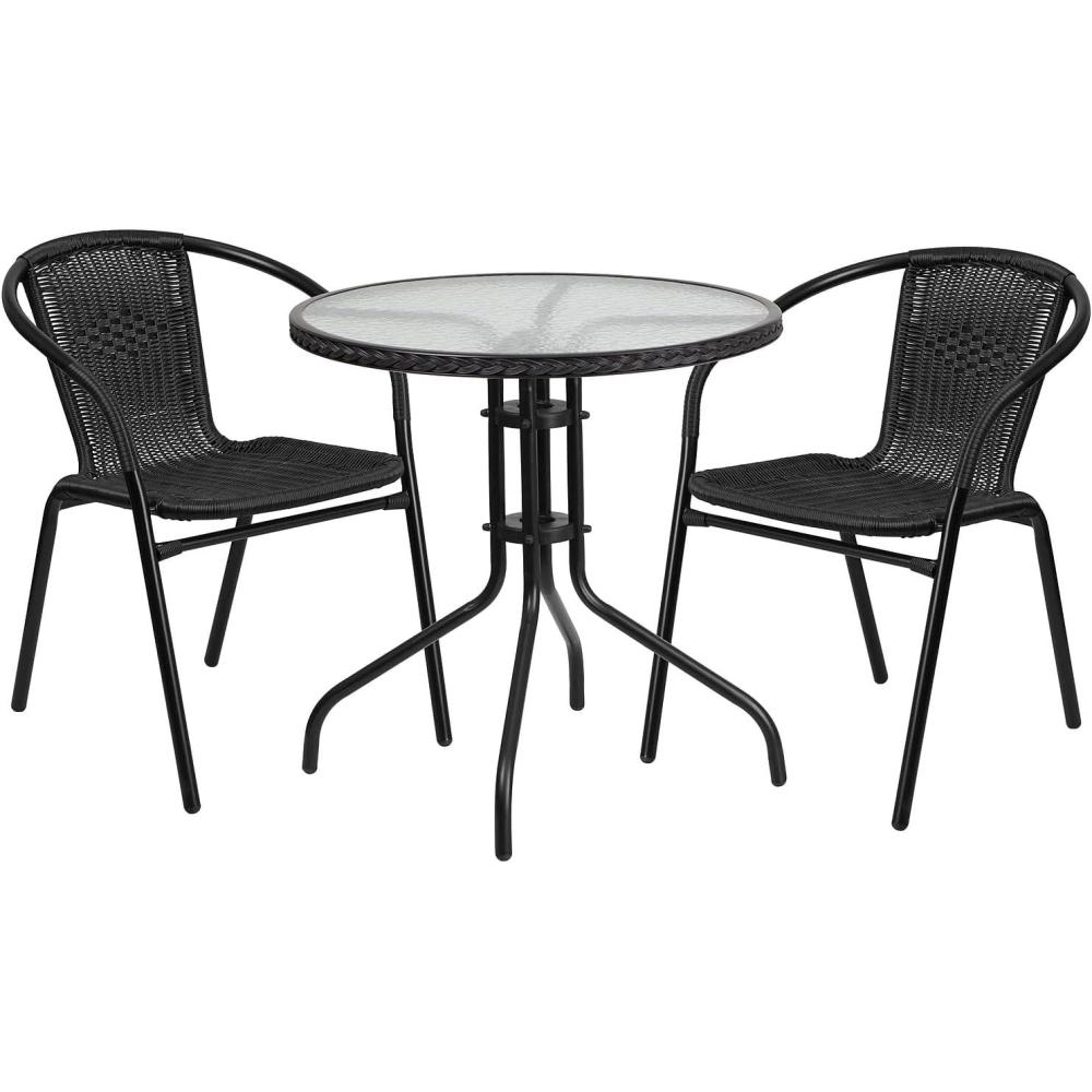 imageFlash Furniture 3Piece Patio Dining Set with Round Glass Metal Table and 2 Stackable Rattan Chairs IndoorOutdoor Bistro Table and Chairs Set GrayClearBlack