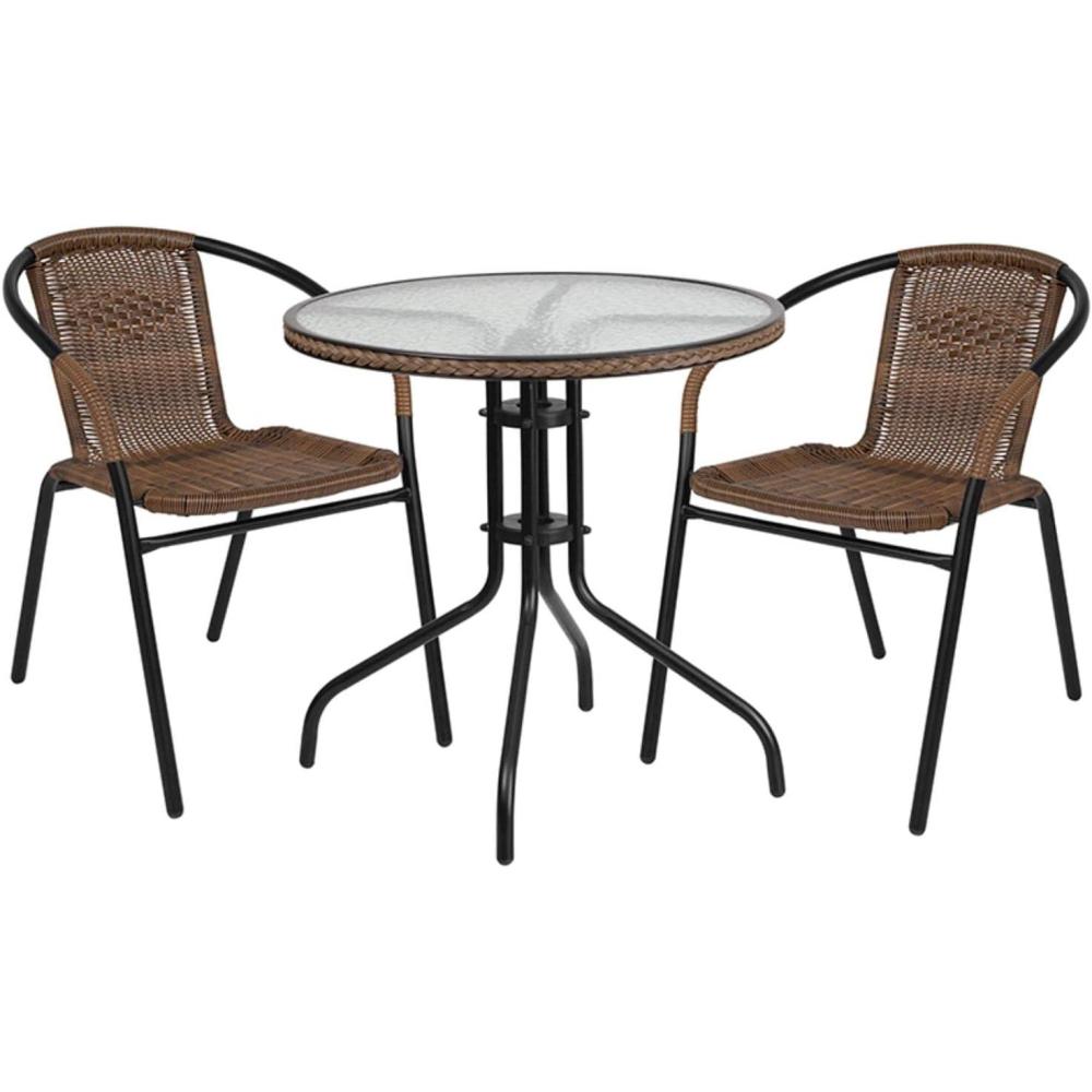 imageFlash Furniture 3Piece Patio Dining Set with Round Glass Metal Table and 2 Stackable Rattan Chairs IndoorOutdoor Bistro Table and Chairs Set GrayClearDark Brown