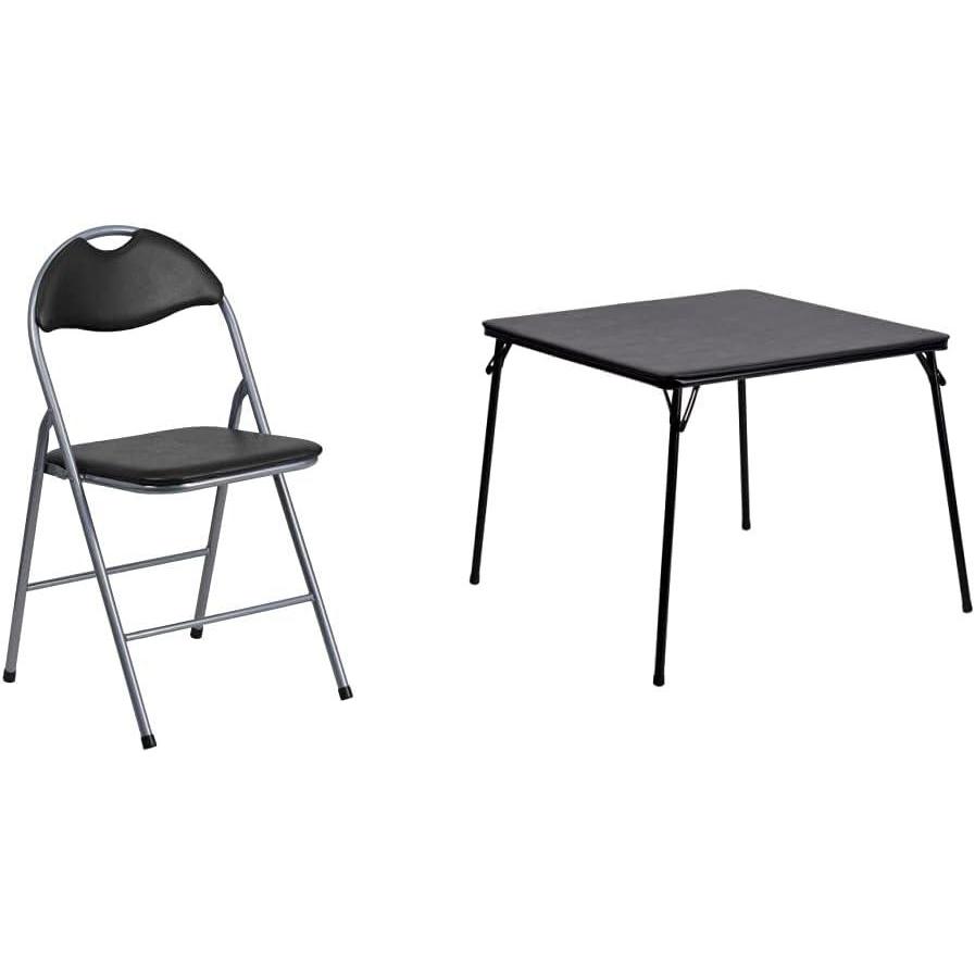imageFlash Furniture 4 Pack Hercules Series Black Vinyl Metal Folding Chair with Carrying Handle and Madelyn Folding Card Table Black Portable Square Table with Collapsible Legs