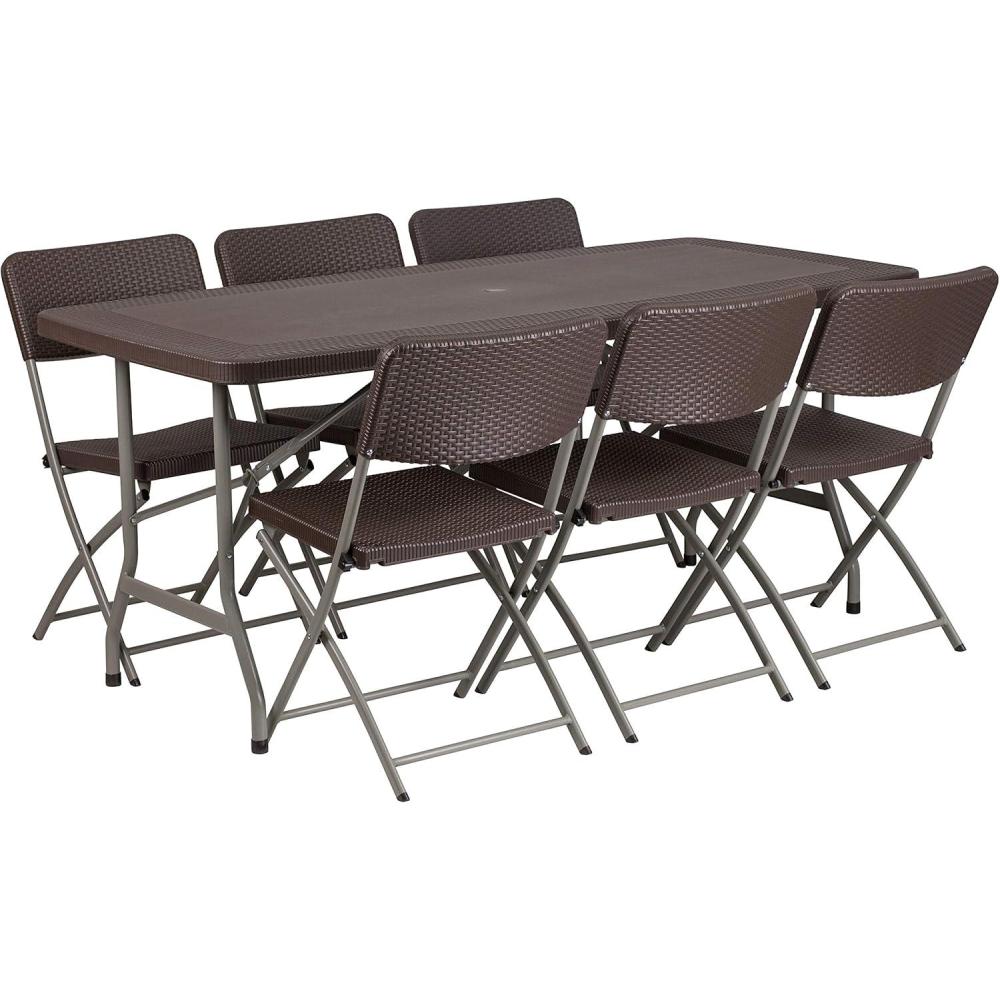 imageFlash Furniture 562Foot Brown Rattan IndoorOutdoor Plastic Folding Table Set with 6 Chairs