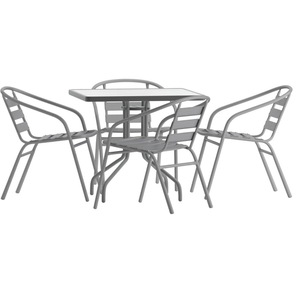 imageFlash Furniture 5Piece Patio Dining Set with 315quot Square Glass Metal Table and 4 Stackable Slat Back Chairs IndoorOutdoor Bistro Set BlackSilver