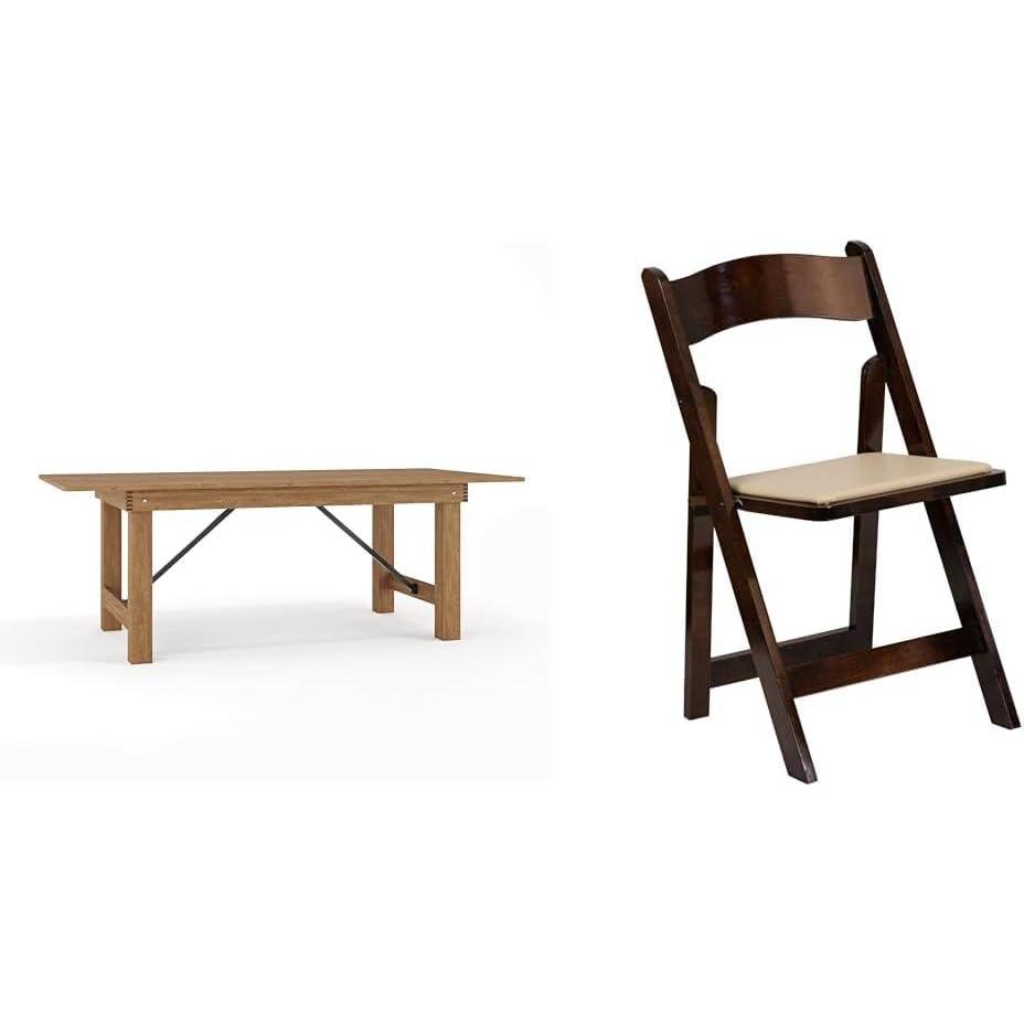 imageFlash Furniture 7 x 40quot Rustic Solid Pine Folding Farm Table and 4 Fruitwood Wood Folding Chairs with Vinyl Padded Seats