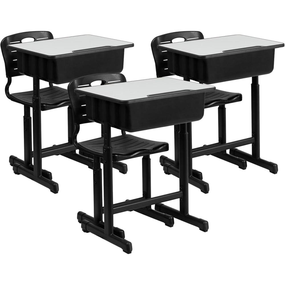 imageFlash Furniture Adjustable Student Desk and Chair Set for Classrooms or Remote Learning Adjustable School Desk with Chair and Book Box GrayBlackSet of 3