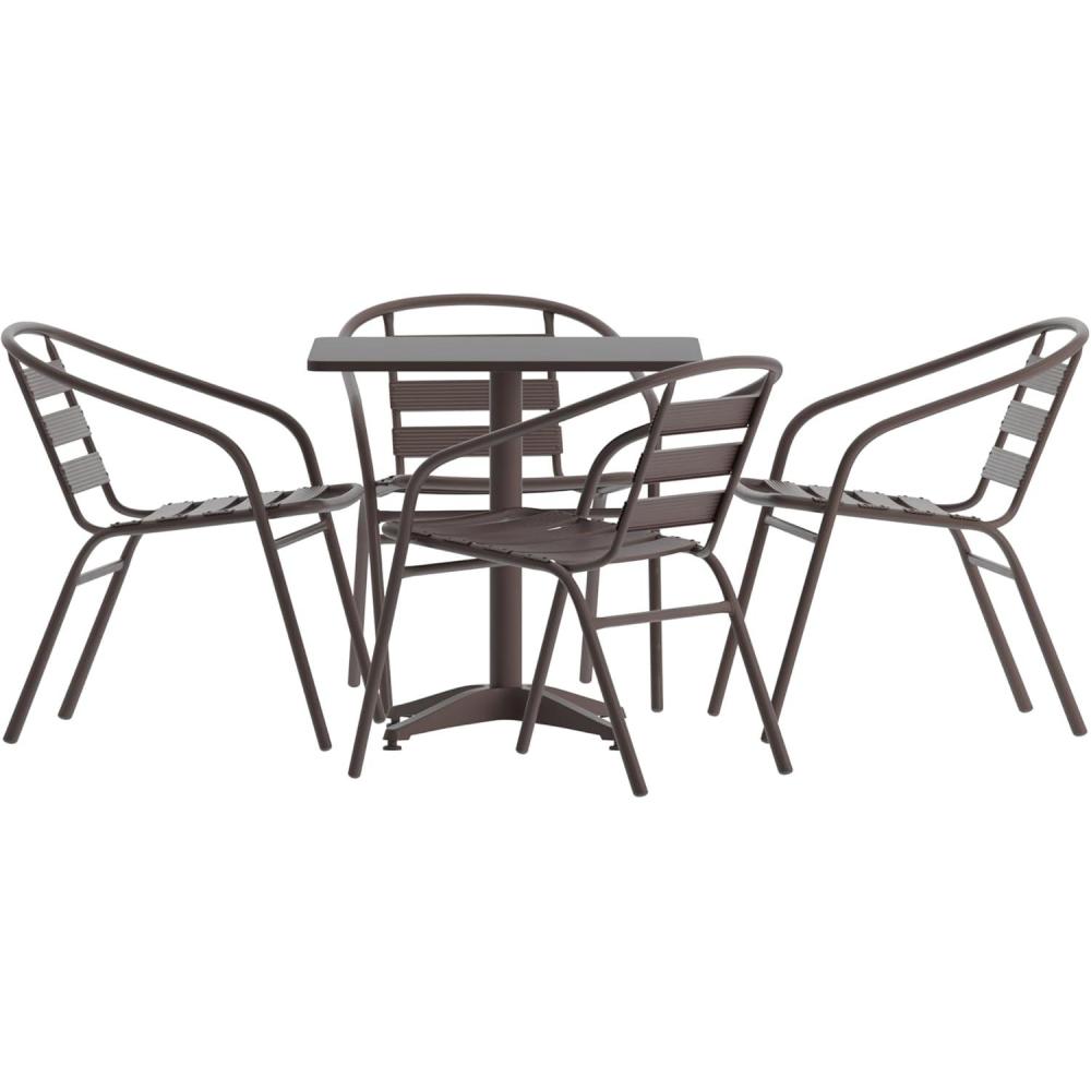 imageFlash Furniture Aluminum 5Piece Patio Dining Set with Square Table and 4 Slat Back Chairs IndoorOutdoor Bistro Table and Chairs Set SilverBronze