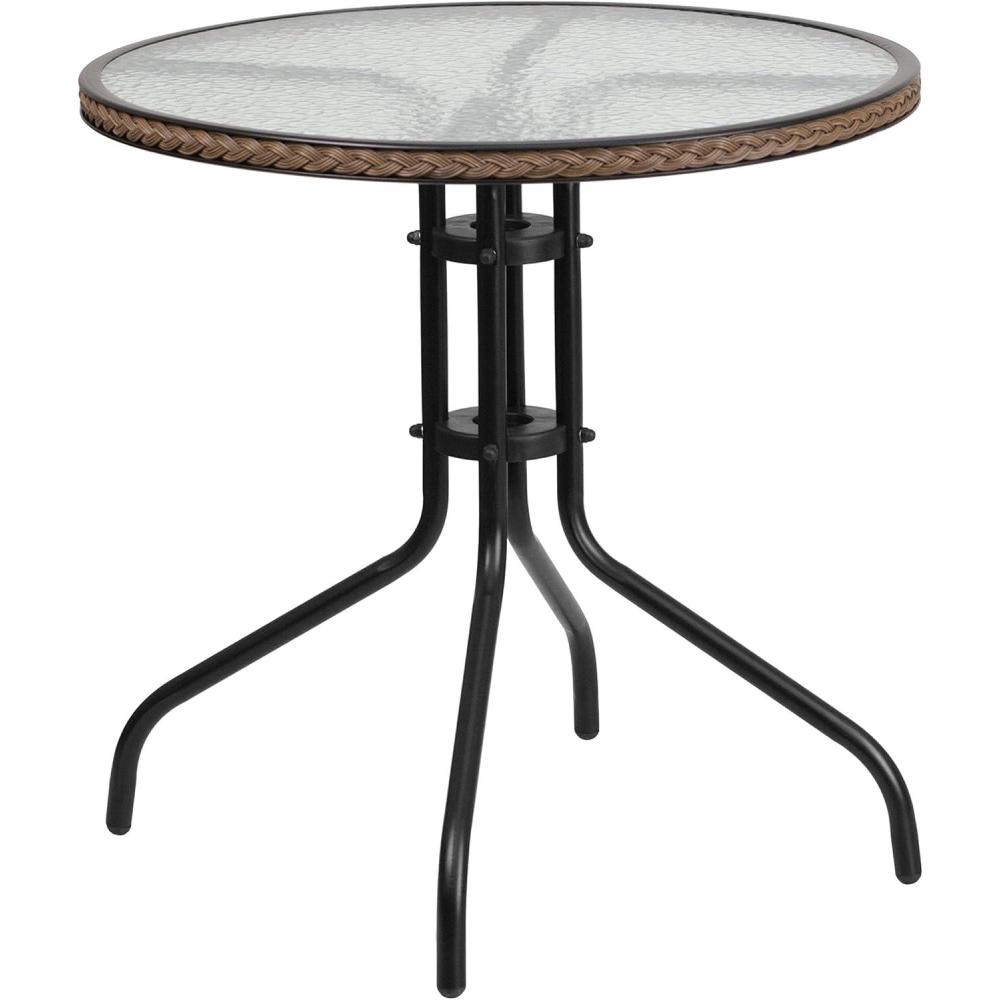 imageFlash Furniture Barker 28 Round Tempered Glass Metal Table with Gray Rattan EdgingClearDark Brown Rattan