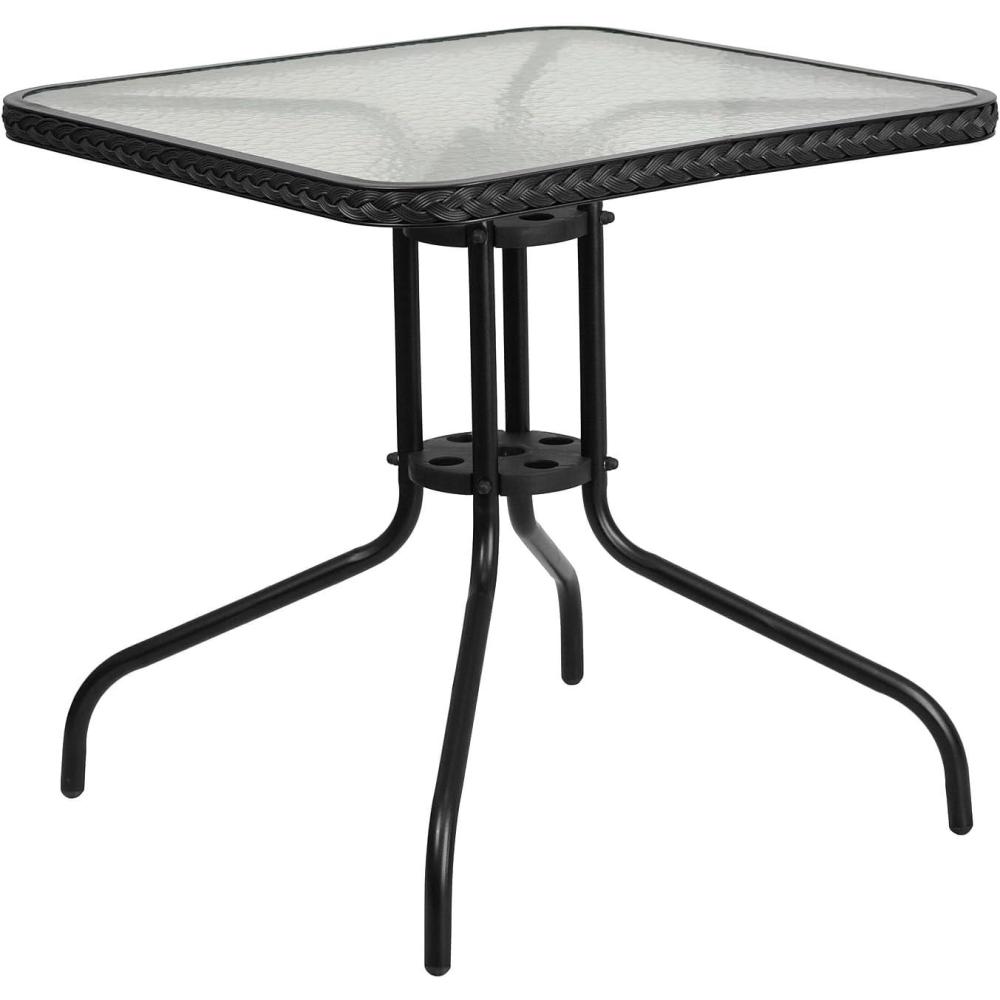 imageFlash Furniture Barker 28 Square Tempered Glass Metal Table with Dark Brown Rattan EdgingClear TopBlack Rattan