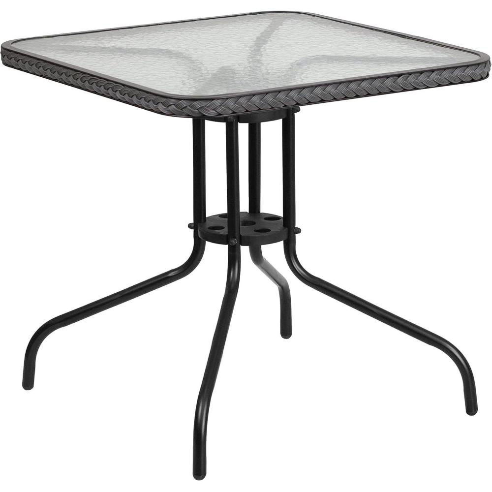imageFlash Furniture Barker 28 Square Tempered Glass Metal Table with Dark Brown Rattan EdgingClear TopGray Rattan
