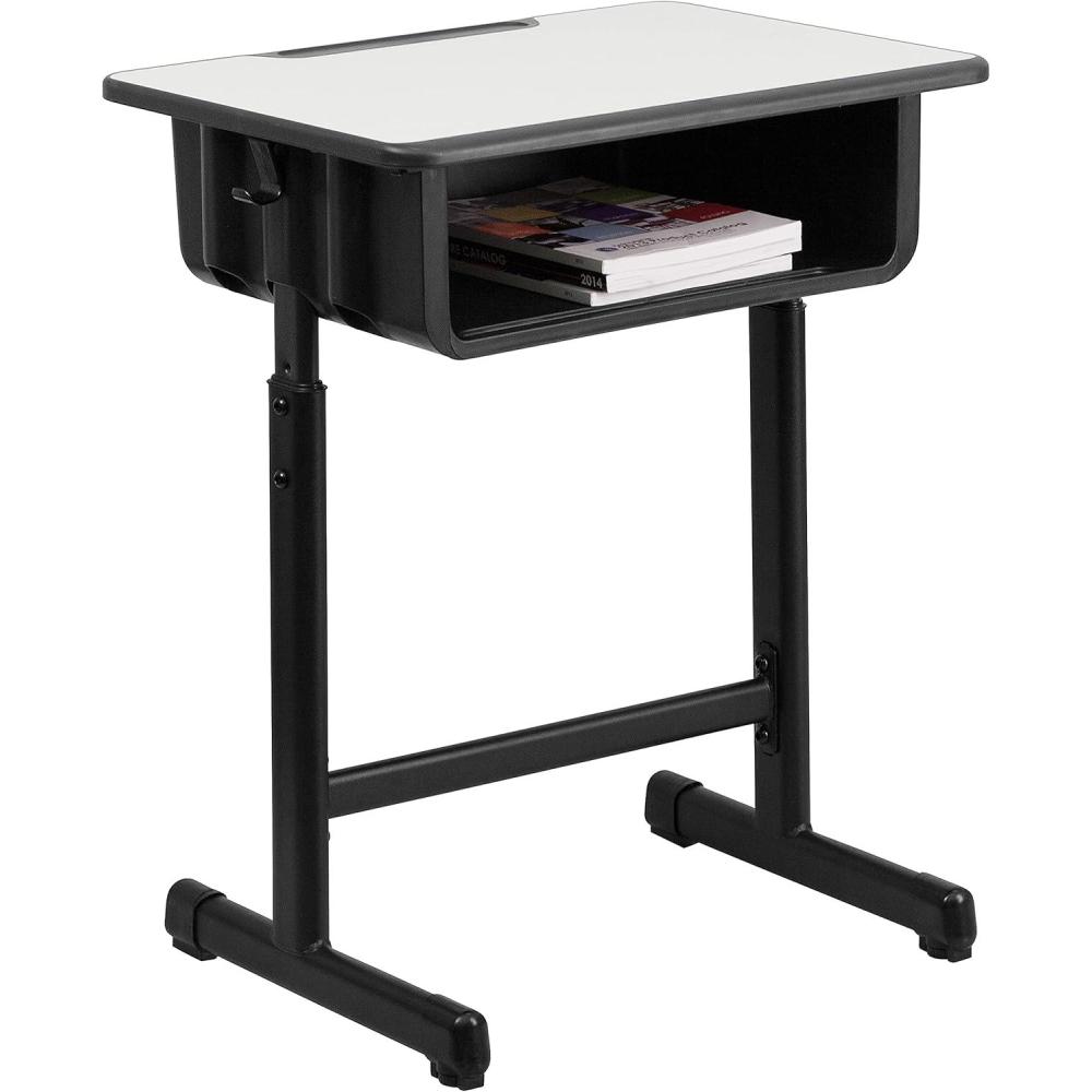 imageFlash Furniture Billie Open Front Student Desk for Classrooms or Remote Learning Height Adjust School Desk with Book Box and Bag Hooks BlackGraySet of 1