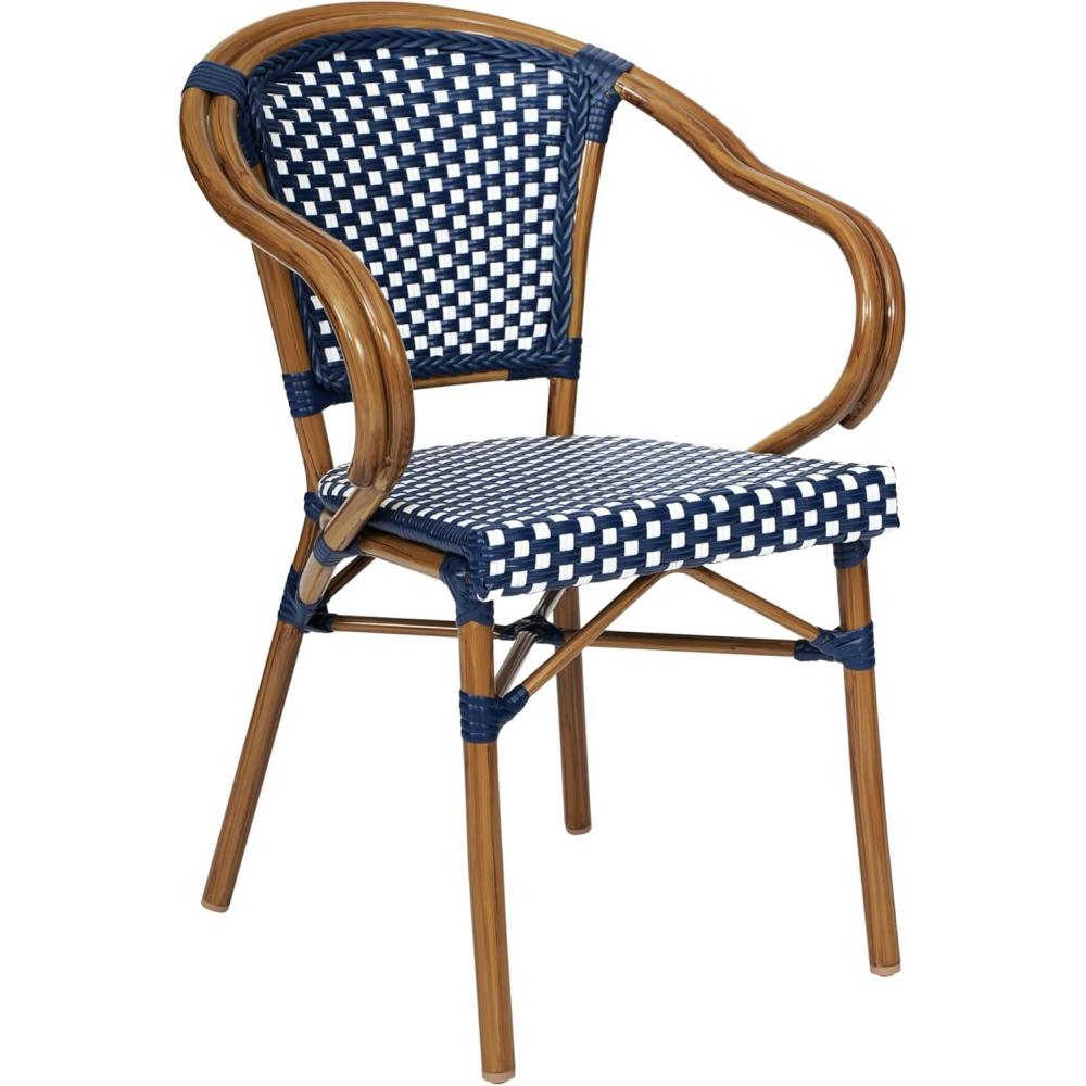 imageFlash Furniture Bordeaux IndoorOutdoor Commercial Bistro Stack Chair Curved Arms NavyWhite PE Rattan Back and Seat Natural Bamboo Print Metal FrameNavy WhiteNatural Frame