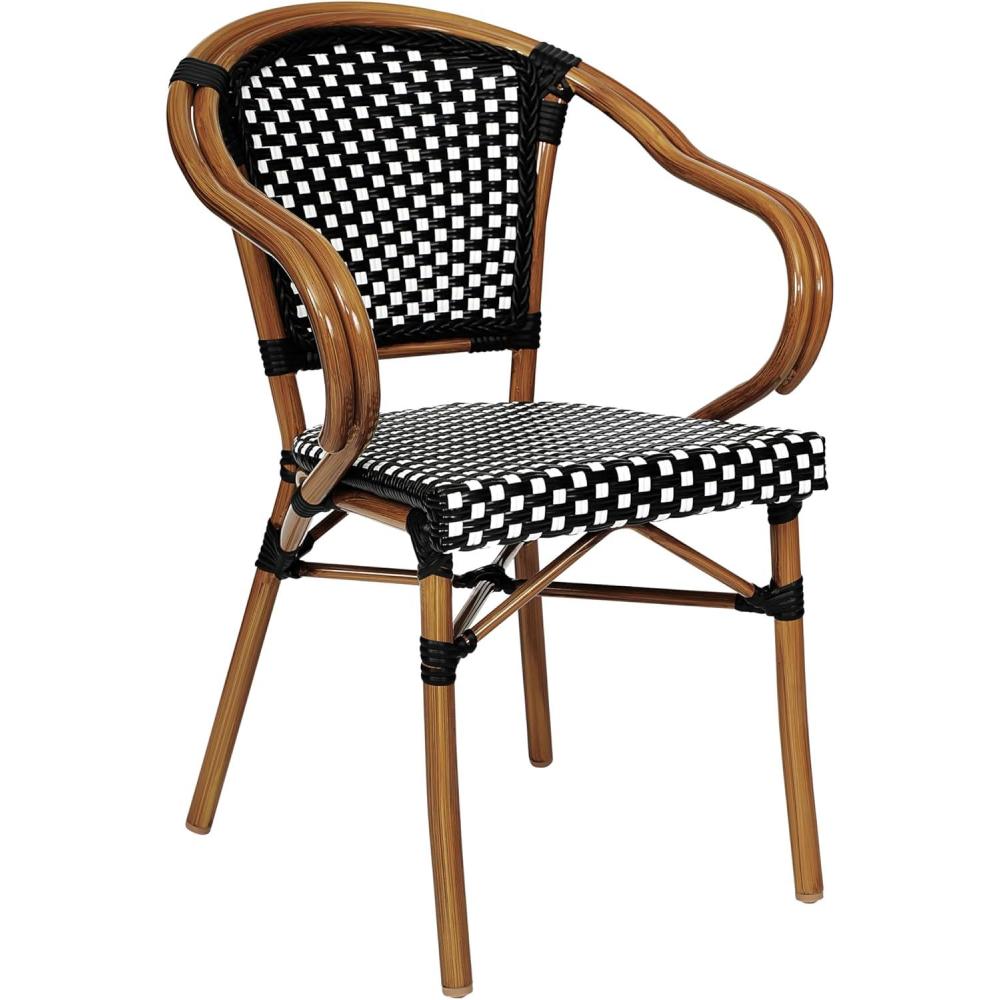 imageFlash Furniture Bordeaux IndoorOutdoor Commercial Bistro Stack Chair Curved Arms NavyWhite PE Rattan Back and Seat Natural Bamboo Print Metal FrameBlack WhiteNatural Frame