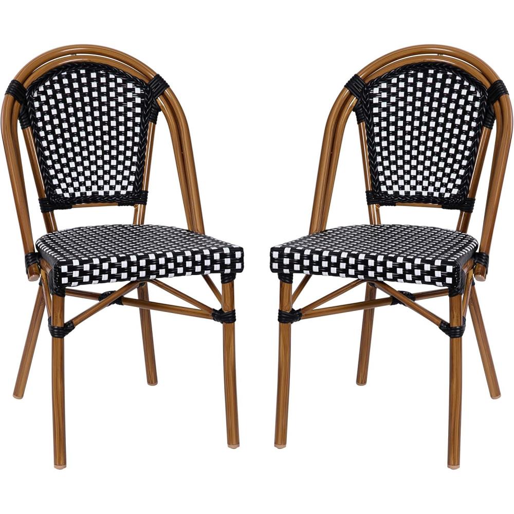 imageFlash Furniture Bordeaux Set of 2 IndoorOutdoor Commercial Bistro Stack Chairs BlackWhite PE Rattan Back and Seat Natural Bamboo Print Aluminum FrameBlack WhiteNatural Frame