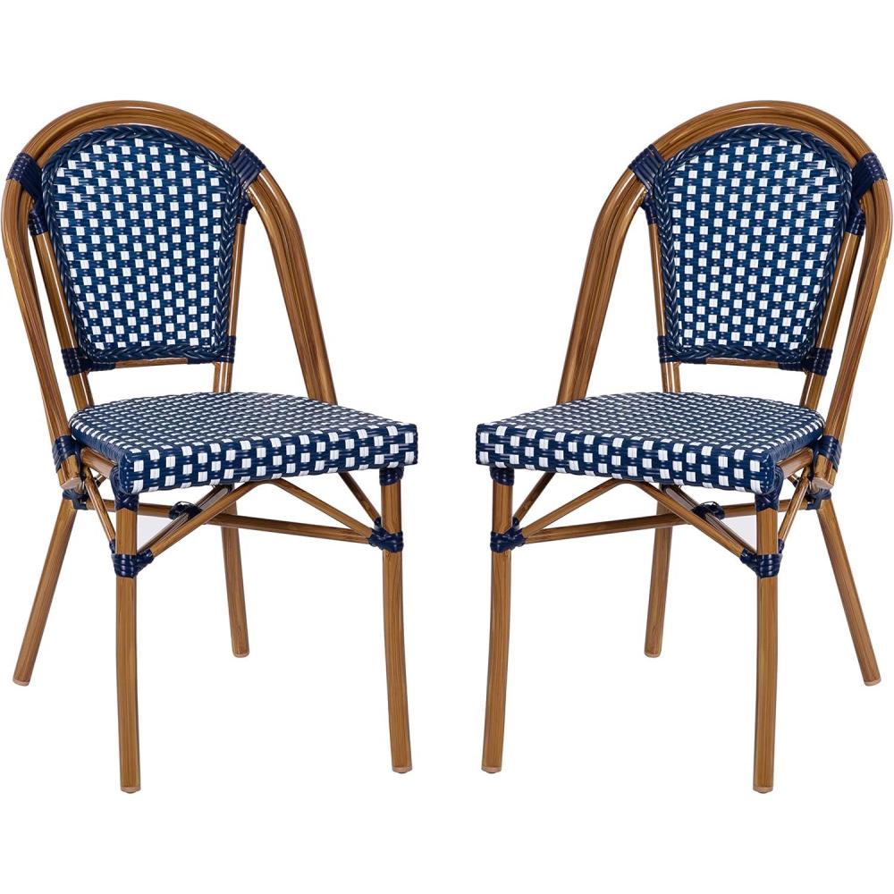 imageFlash Furniture Bordeaux Set of 2 IndoorOutdoor Commercial Bistro Stack Chairs BlackWhite PE Rattan Back and Seat Natural Bamboo Print Aluminum FrameNavy WhiteNatural Frame
