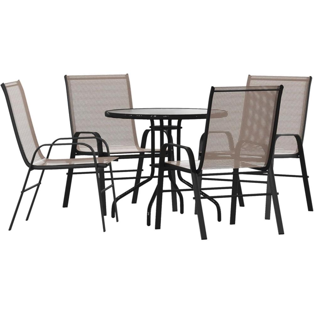 imageFlash Furniture Brazos 3 Piece Outdoor Patio Dining Set 2 Brown Flex Comfort Stack Chairs 2375quot Round Tempered Glass Patio TableBrown