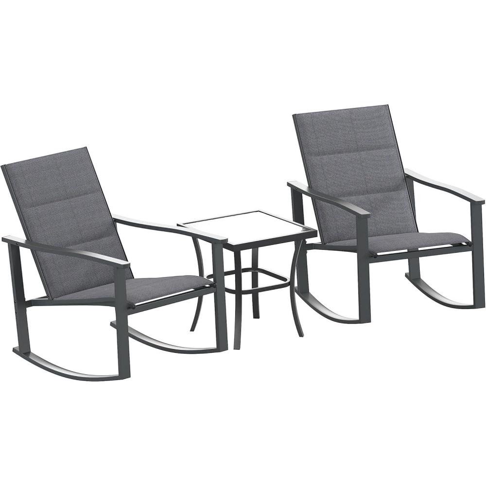 imageFlash Furniture Brazos 3 Piece Outdoor Rocking Chair Bistro Set with Flex Comfort Material and Metal Framed Glass Top Table GrayBlackBlack