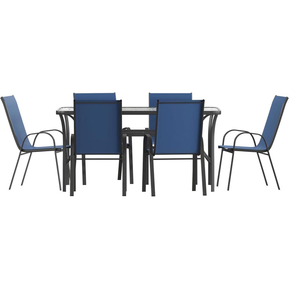 imageFlash Furniture Brazos Commercial Outdoor Dining Set 60quot Tempered Glass Patio Table with Umbrella Hole 6 Stack Chairs with Flex Comfort Seats and Backs GrayBlackNavy