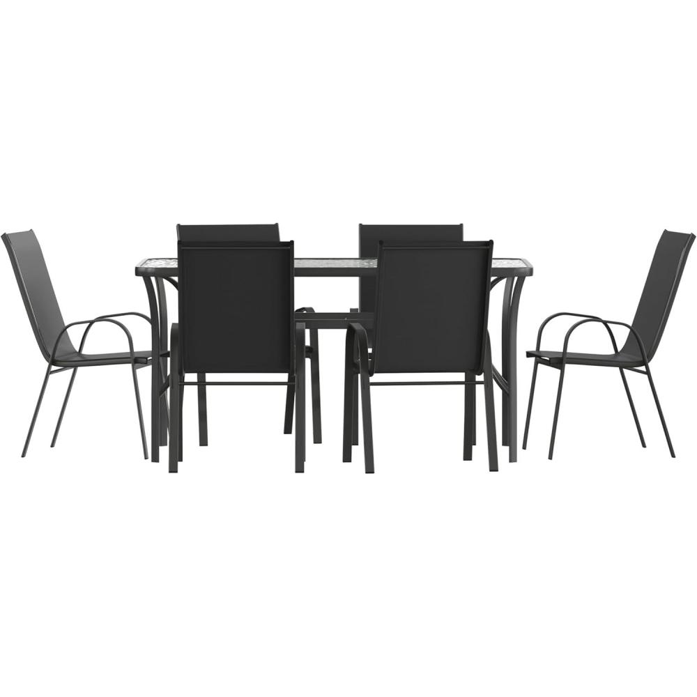 imageFlash Furniture Brazos Commercial Outdoor Dining Set 60quot Tempered Glass Patio Table with Umbrella Hole 6 Stack Chairs with Flex Comfort Seats and Backs GrayBlackBlack
