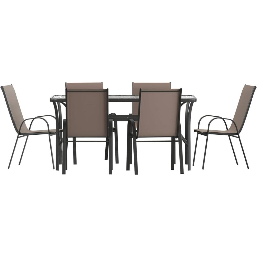 imageFlash Furniture Brazos Commercial Outdoor Dining Set 60quot Tempered Glass Patio Table with Umbrella Hole 6 Stack Chairs with Flex Comfort Seats and Backs GrayBlackBrown