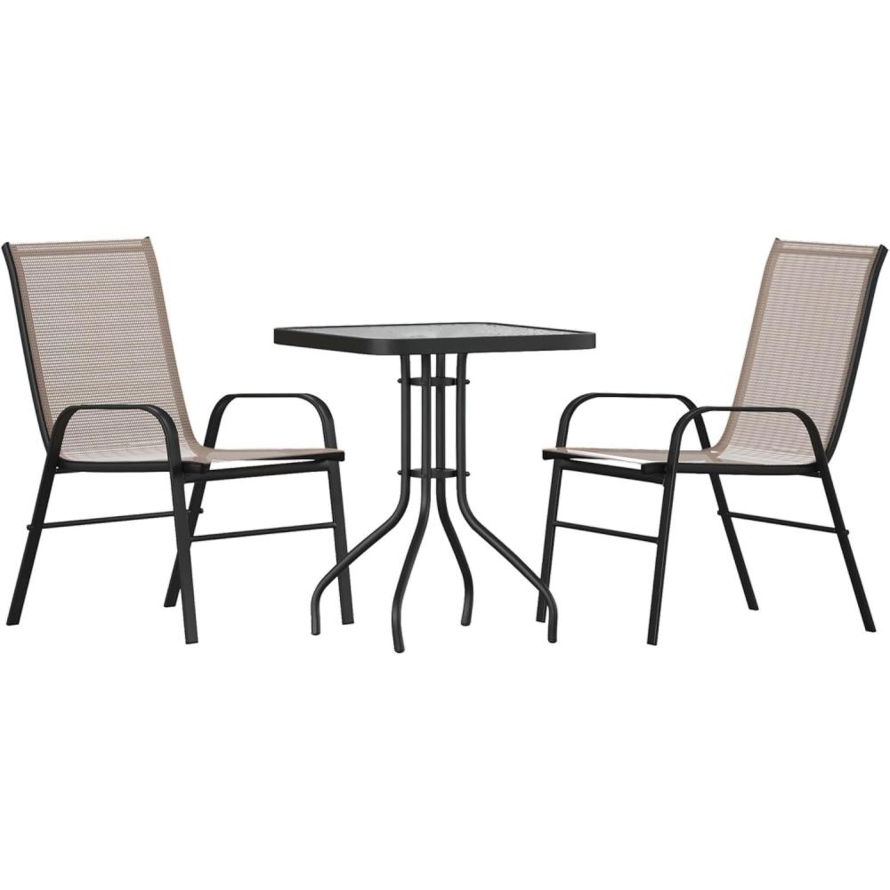 imageFlash Furniture Brazos Series 5Piece Glass Patio Table and Chairs Set Outdoor Patio Dining Set with Square Table and 4 Sling Patio Chairs BlackBrown