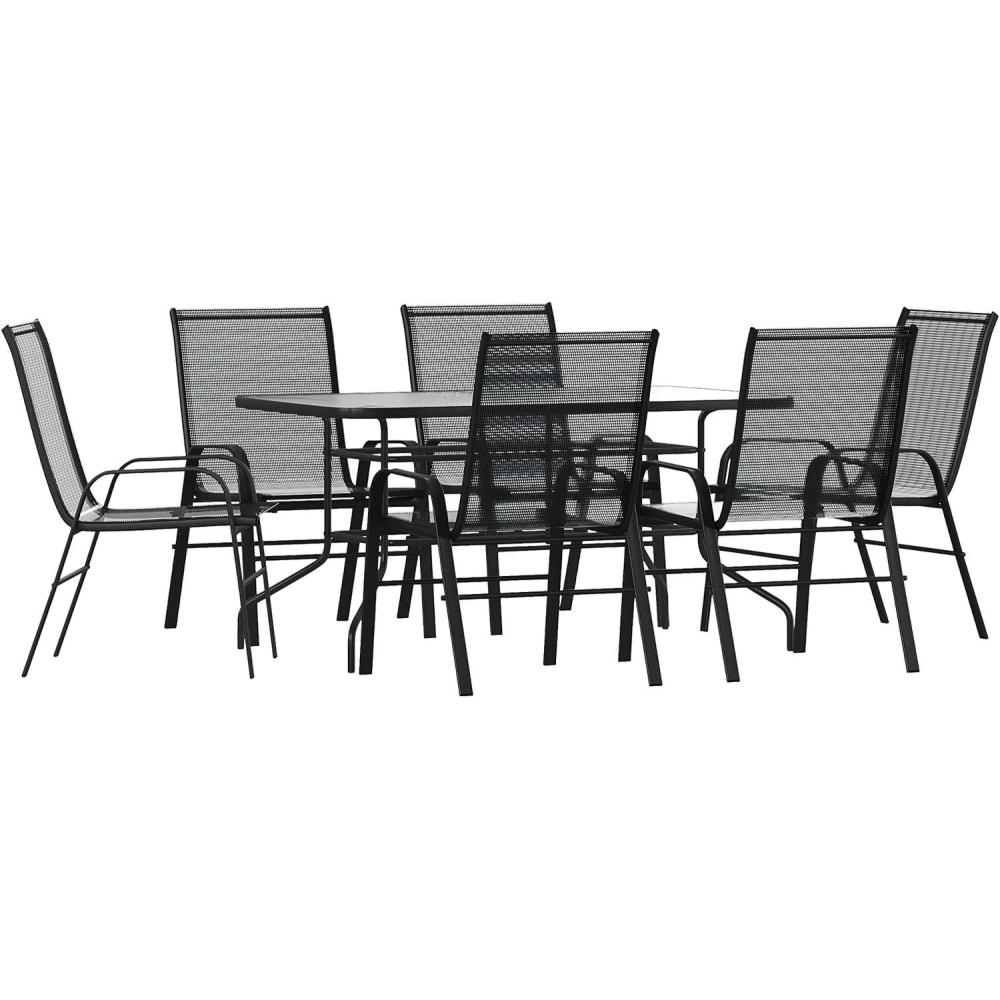 imageFlash Furniture Brazos Series 7Piece Glass Patio Table and Chairs Set Outdoor Dining Set with Table with Umbrella Hole 6 Sling Patio Chairs BlackBlack