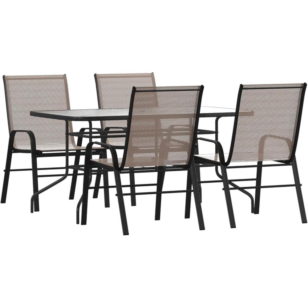 imageFlash Furniture Brazos Series 7Piece Glass Patio Table and Chairs Set Outdoor Dining Set with Table with Umbrella Hole 6 Sling Patio Chairs BlackBrown