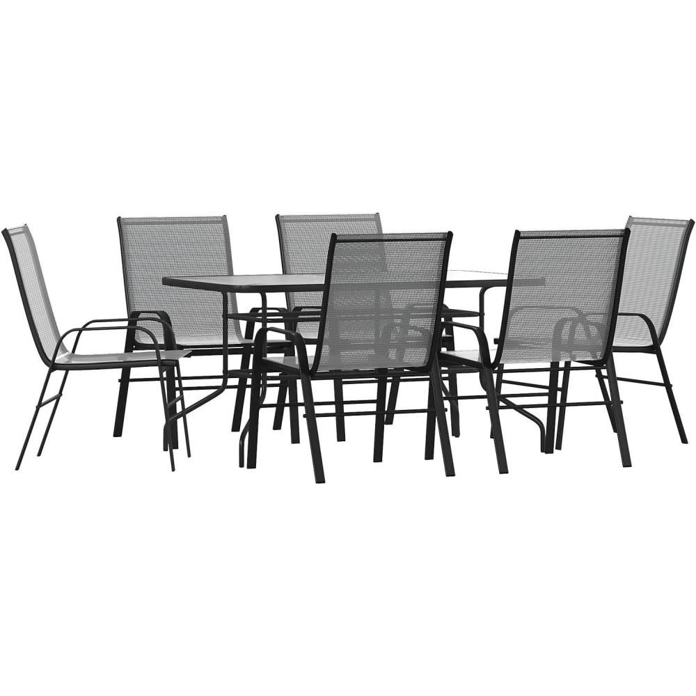 imageFlash Furniture Brazos Series 7Piece Glass Patio Table and Chairs Set Outdoor Dining Set with Table with Umbrella Hole 6 Sling Patio Chairs BlackGrey