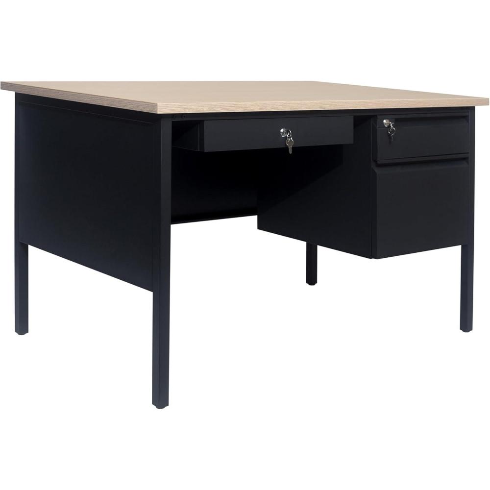 imageFlash Furniture Cambridge Right Side Single Pedestal Desk with 3 Locking Drawers Commercial Grade Teachers or Office Desk 30x48 Metal Frame White OakBlackWhite Oak