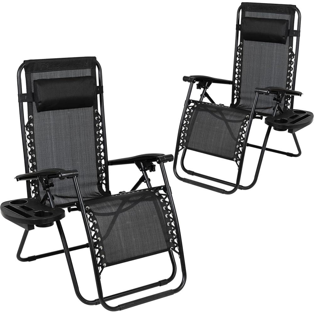 imageFlash Furniture Celestial Adjustable Folding Mesh Zero Gravity Reclining Lounge Chair with Pillow and Cup Holder Tray in Navy Set of 2Black