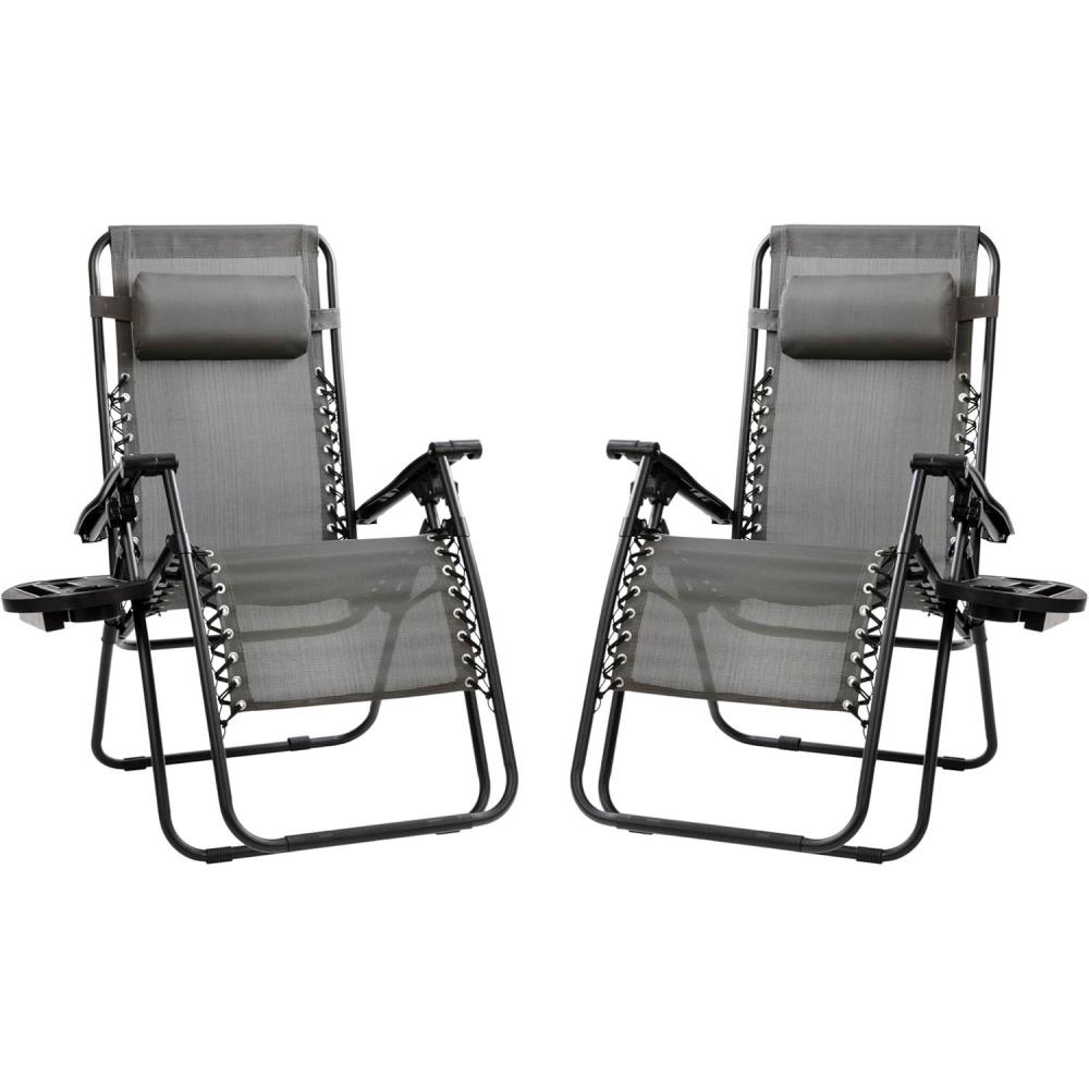 imageFlash Furniture Celestial Adjustable Folding Mesh Zero Gravity Reclining Lounge Chair with Pillow and Cup Holder Tray in Navy Set of 2Grey