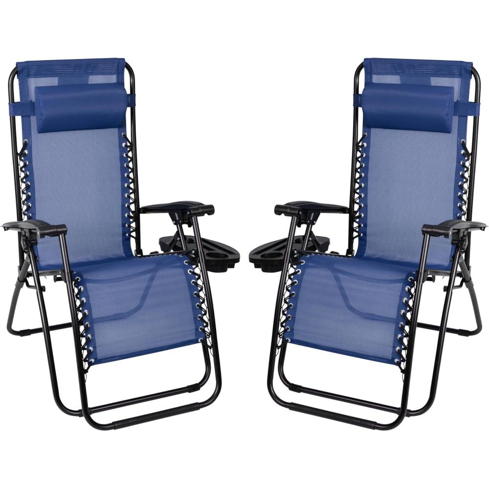 imageFlash Furniture Celestial Adjustable Folding Mesh Zero Gravity Reclining Lounge Chair with Pillow and Cup Holder Tray in Navy Set of 2Navy