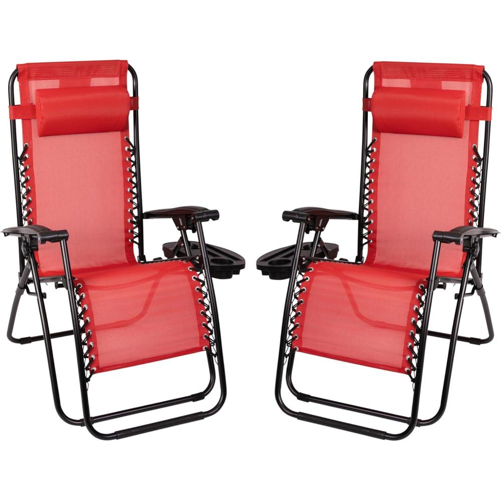 imageFlash Furniture Celestial Adjustable Folding Mesh Zero Gravity Reclining Lounge Chair with Pillow and Cup Holder Tray in Navy Set of 2Red