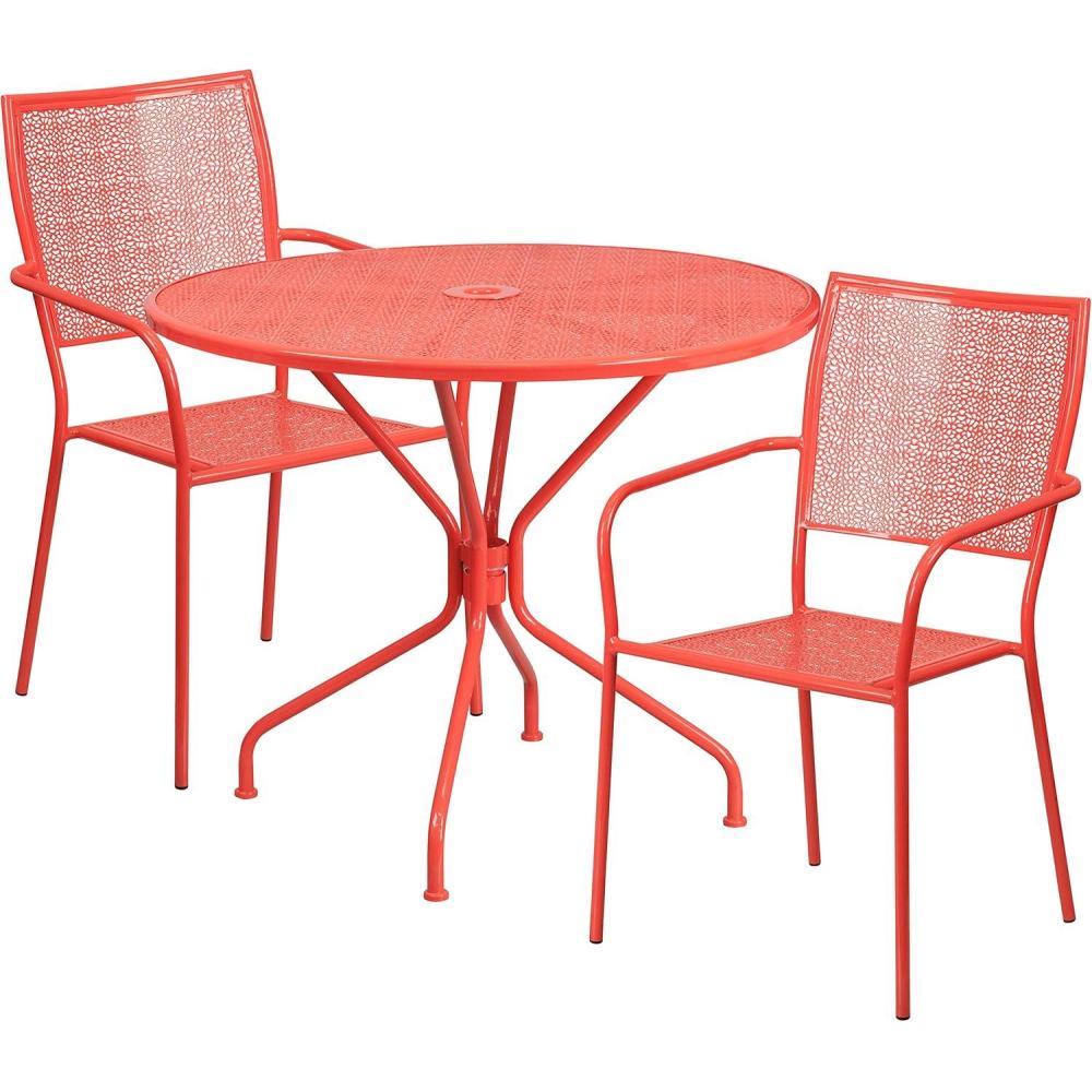 imageFlash Furniture Commercial Grade 3525quot Round Black IndoorOutdoor Steel Patio Table Set with 2 Square Back ChairsCoral