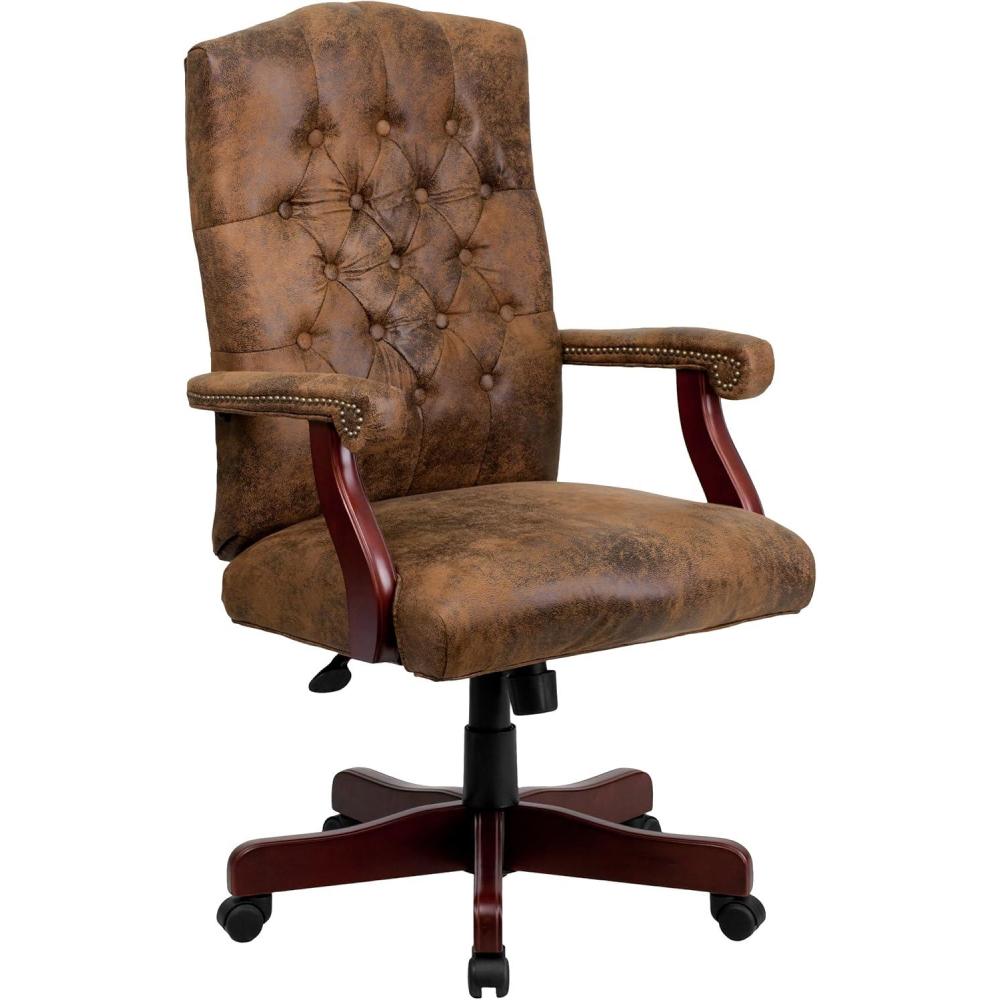 imageFlash Furniture Derrick Traditional Microfiber Tufted Swivel Office Chair with Wood Base Ergonomic Farmhouse HighBack Desk Chair IvoryBrownBomber Brown Microfiber