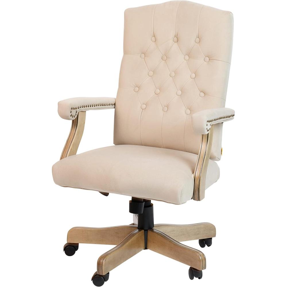 imageFlash Furniture Derrick Traditional Microfiber Tufted Swivel Office Chair with Wood Base Ergonomic Farmhouse HighBack Desk Chair IvoryBrownIvory Microfiber