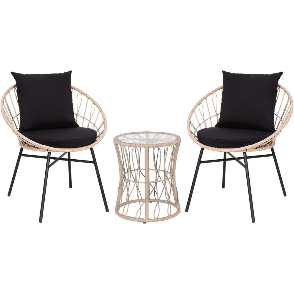 imageFlash Furniture Devon 3Piece IndoorOutdoor Bistro Set Tan Finish Rattan Rope Papasan Style Chairs and Glass Top Side Table Black Back and Seat Cushions