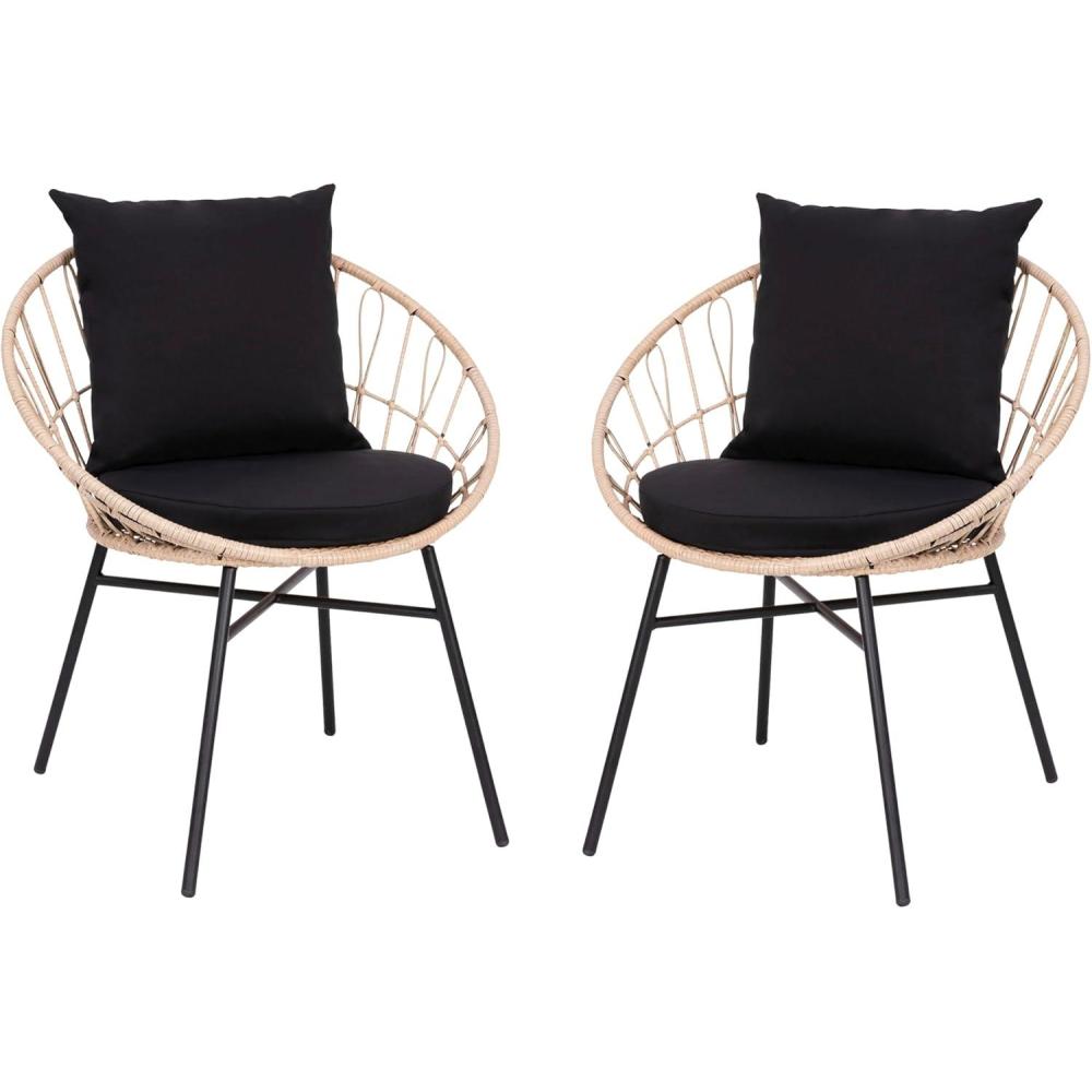 imageFlash Furniture Devon Set of 2 Modern Boho Rattan Rope Chairs WeatherResistant Tan Finish Rattan with Black Back and Seat Cushions IndoorOutdoorTanBlack