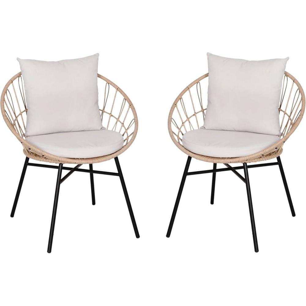 imageFlash Furniture Devon Set of 2 Modern Boho Rattan Rope Chairs WeatherResistant Tan Finish Rattan with Black Back and Seat Cushions IndoorOutdoorTanLight Gray