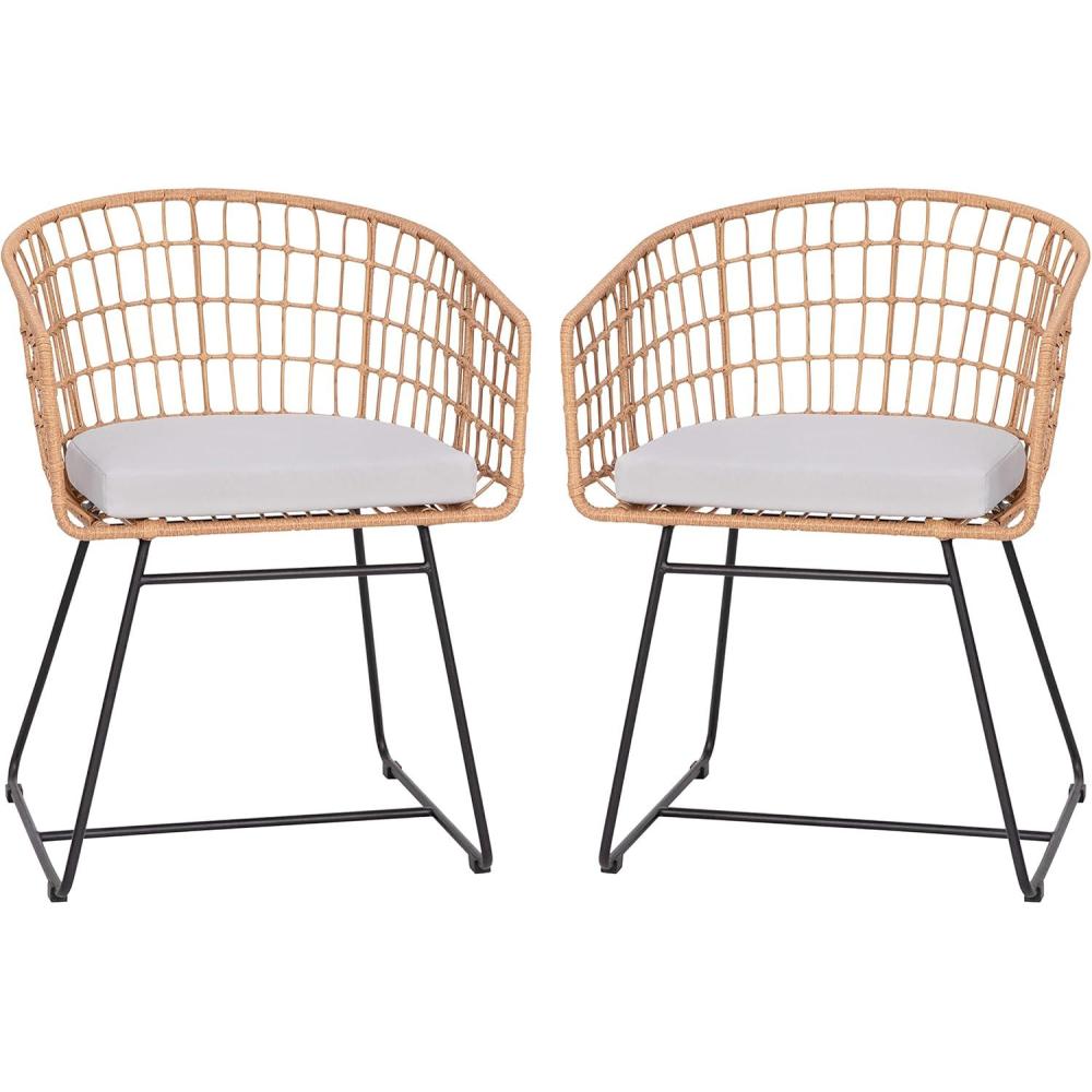 imageFlash Furniture Devon Set of 2 Patio Boho Club Chairs Rope with Natural Finish PE Wicker Rattan Light Gray Seat Cushions and Sled Base IndoorOutdoor Use