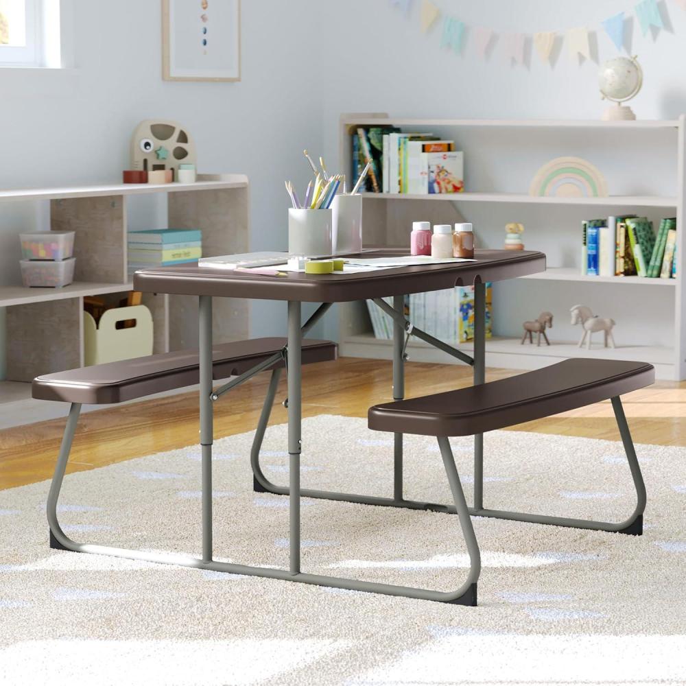 imageFlash Furniture Easy Folding Plastic Kids Outdoor Picnic Table and BenchesCommercial GradeRecommended for up to Age 5 Set of 1 GreyBrown