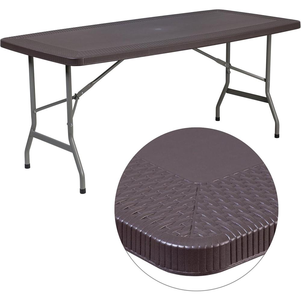 imageFlash Furniture Elon 562Foot Brown Rattan IndoorOutdoor Plastic Folding Table with Umbrella Hole