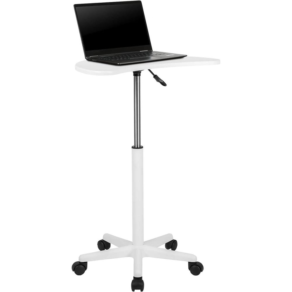 imageFlash Furniture Eve Sit to Stand Mobile Laptop DeskSpeakers Lectern with Wheels Modern HeightAdjustable Portable Standing Computer Desk BlackWhite