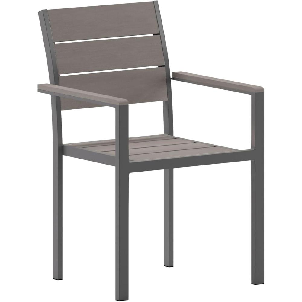 imageFlash Furniture Finch Commercial Grade Patio Chair with Arms Stackable Side Chair with Faux Teak Poly Slats and Metal Frame NaturalGrayGrey