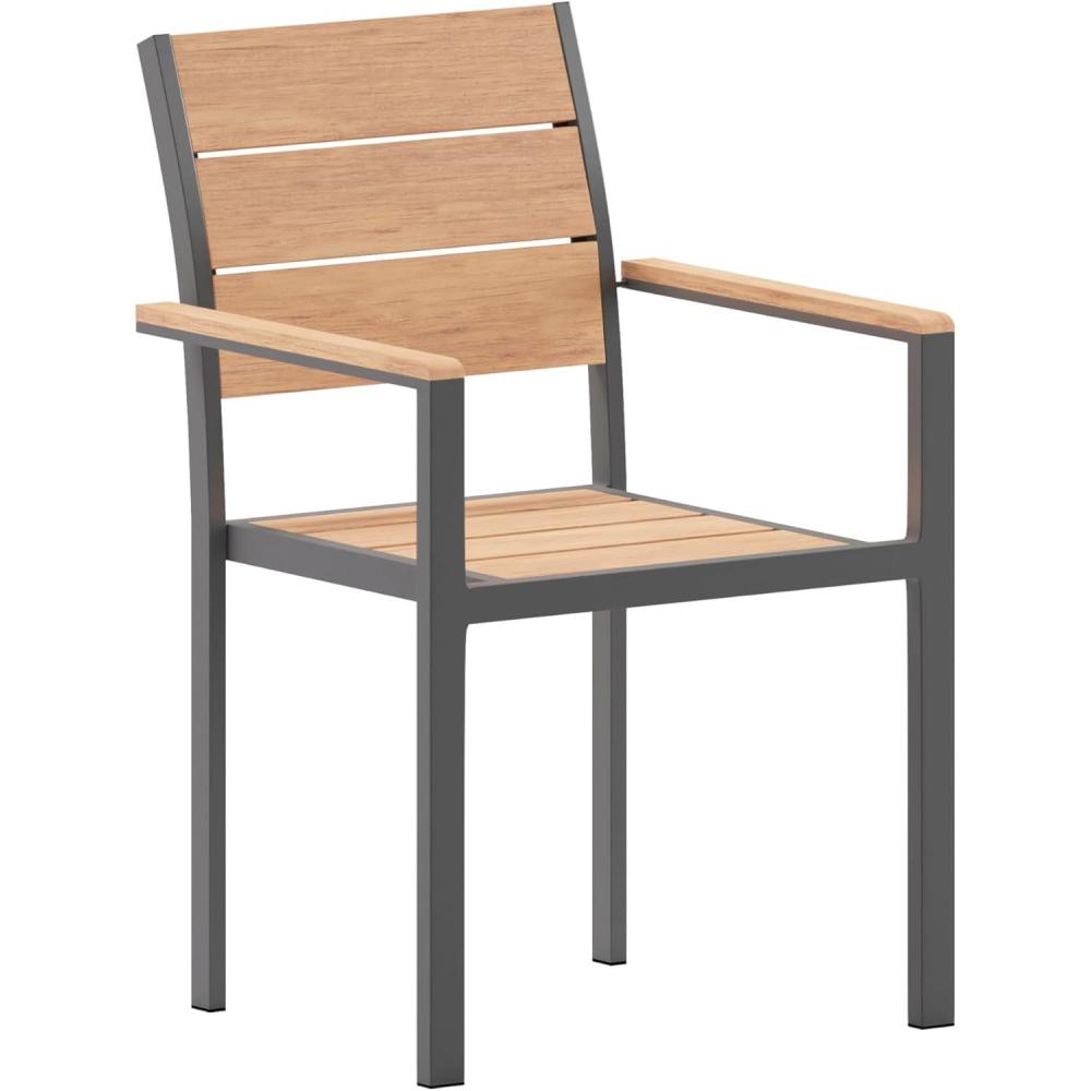 imageFlash Furniture Finch Commercial Grade Patio Chair with Arms Stackable Side Chair with Faux Teak Poly Slats and Metal Frame NaturalGrayNatural