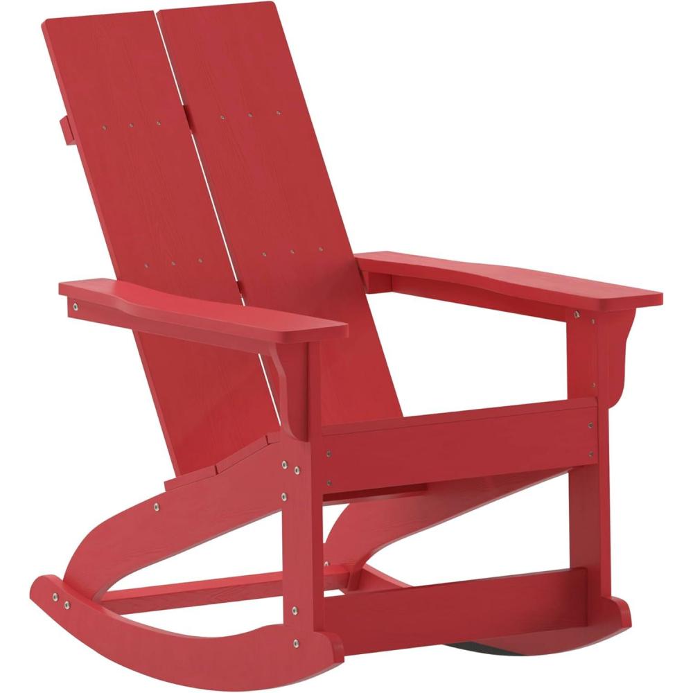 imageFlash Furniture Finn Modern Commercial Grade Poly Resin Wood Adirondack Rocking Chair  All Weather Red Polystyrene  Dual Slat Back  Stainless Steel HardwareRed