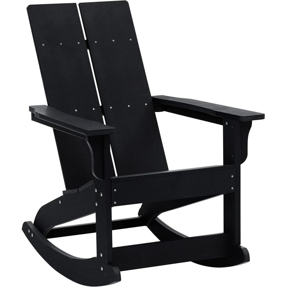 imageFlash Furniture Finn Modern Commercial Grade Poly Resin Wood Adirondack Rocking Chair All Weather Red Polystyrene Dual Slat Back Stainless Steel HardwareBlack