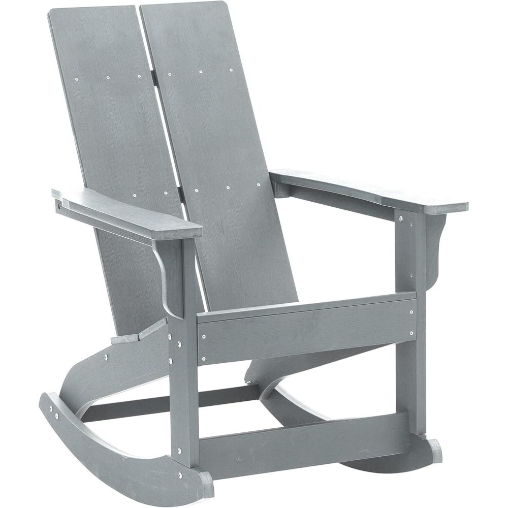 imageFlash Furniture Finn Modern Commercial Grade Poly Resin Wood Adirondack Rocking Chair All Weather Red Polystyrene Dual Slat Back Stainless Steel HardwareGrey